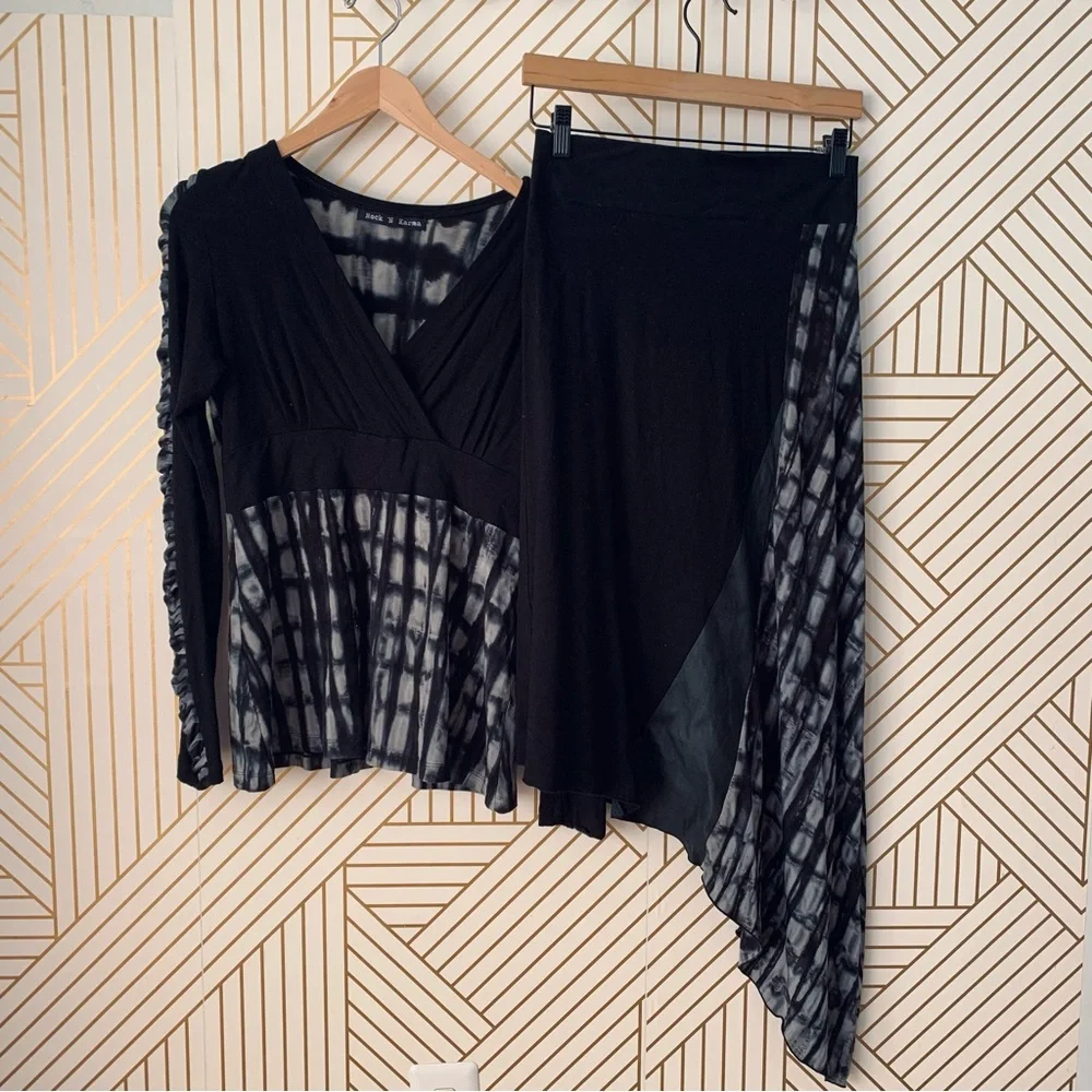 Rock n Karma 2 piece set abstract geometric patchwork skirt set asymmetrical M - Picture 2 of 14